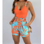 Woman Casual Chic Chain Strap V-Neck Sleeveless Top Above Knee pocket design Shorts Set With Belt