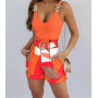 Woman Casual Chic Chain Strap V-Neck Sleeveless Top Above Knee pocket design Shorts Set With Belt