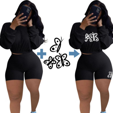 Women Custom Logo Threaded Casual Pullovers Long Sleeve Crop Top and Shorts 2 Pieces Set Plus Size 5XL
