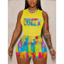 Women Outfits Letter Heart Print Tank Top & Geometric Shorts Set Of Two