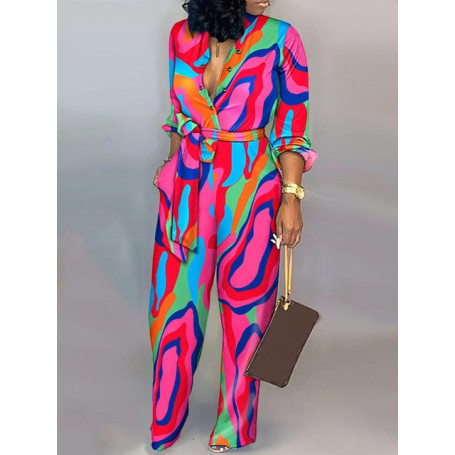 Women Abstract Print Button Front Belted Jumpsuit Casual Pieces