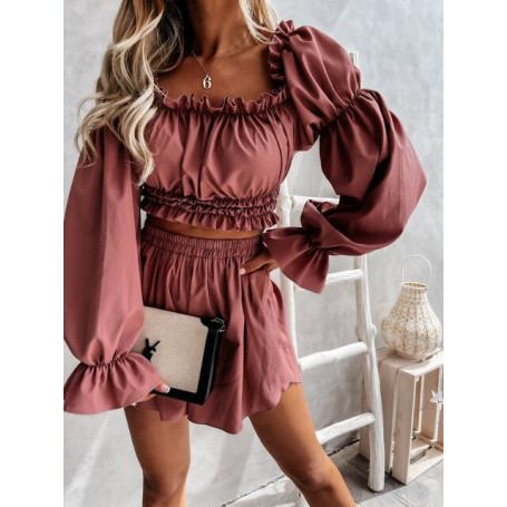 Women Casual Two Piece Suit Slash Neck Off The Shoulder Solid Folds Fashion High Waist Elasticity Shorts Loose
