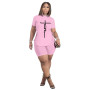 Women Faith Print Short Sleeve Slim Crop Tops Elastic Waist Shorts 2 Piece Sets Outfits