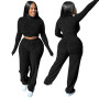 Women 2 Piece Sets Outfits Slim Crop Top Casual Tops High Collar Fashion Loose Long Pants Suits