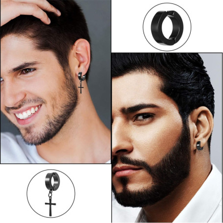 Men Women 6 Pairs Black Earrings Set Stainless Steel Stud Hoop Earrings Gothic Cross Round