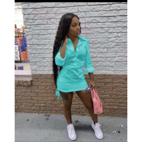 Women Blouse Dress Long Sleeve Shirring Mini Dress Solid Color Clothing
