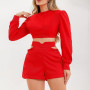 Women Solid Color Short Long Sleeve Shirt Hollow Clothing New High Waist Shorts Ladies Fashion Casual Suit