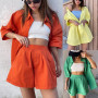 Women Casual  Two Piece Set Solid Color Turn-Down Collar Short Sleeve Shirt Tops And Loose Mini Shorts Suit