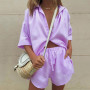 Women Casual Two Piece Shorts and Top Set Outfits Half Sleeve Button-Down+ High Waisted Suits Streetwear