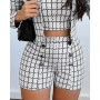 Women 2 Piece Sets Outfits Elegant Plaid Print Bandeau Long Sleeve Top & Buttoned Shorts Set