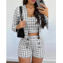 Women 2 Piece Sets Outfits Elegant Plaid Print Bandeau Long Sleeve Top & Buttoned Shorts Set