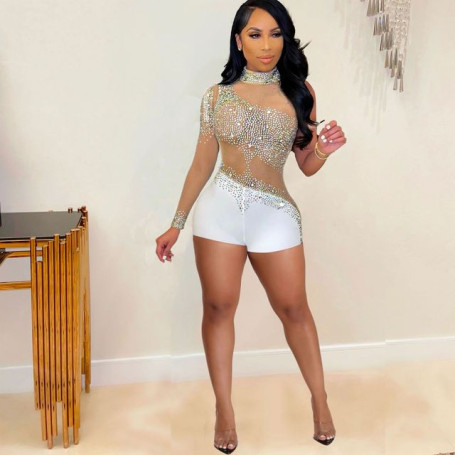 Women Best Quality Famous Brand Playsuits Solid diamond Transparent Asymmetrical
