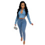 Women Turn Down Collar Button Blue Denim Jacket Backless Sexy Jeans Lace Up Short Jacket Shirt