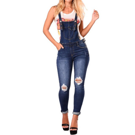 Women Strap Denim Jumpsuit Ladies Slim Fit Jeans Rompers Vintage Tide Casual Ripped Pocket Suspenders Overall