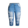 Women Fashion Elastic Holes Denim Shorts Tassel Ripped Pencil Pants Capris Skinny Hip Wrap Streetwear Jeans