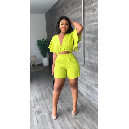 Women Fashion Sexy Ruffle Short V-neck Top Casual Shorts 2 Piece Outfit