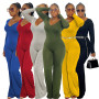 Women Casual Fashion Solid Sexy Flared Pants Skinny V-neck Sexy Long Sleeves Jumpsuit Playsuit Rompers