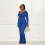 Women Casual Fashion Solid Sexy Flared Pants Skinny V-neck Sexy Long Sleeves Jumpsuit Playsuit Rompers