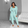 Women 3 piece set pants sets fall outfits long sleeve coat crop top fitted pants
