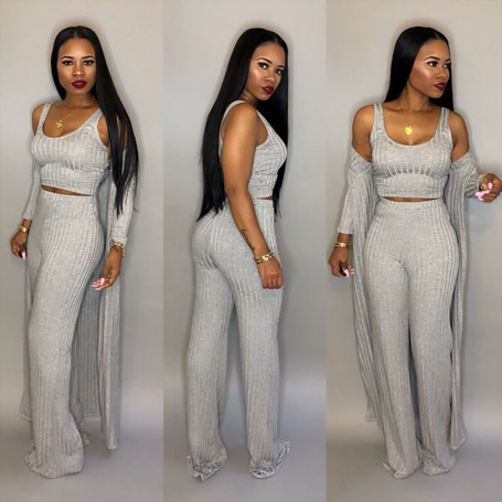 Women 3 piece set long sleeve coat pants tops