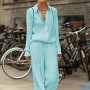 Women's Suit Temperament Commuting Solid Color Long Sleeve Shirt Leisure Loose Wide Leg Pants Two-piece Suit