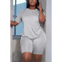 Women's Casual Short Sleeve Round Neck Solid Color Top and Shorts Plus Size Two Piece Set