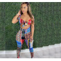 Women Plaid Colorful Print Jumpsuit Strapless Crop Top Matching Set Playsuit Sexy Skinny Outfits