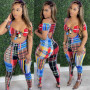 Women Plaid Colorful Print Jumpsuit Strapless Crop Top Matching Set Playsuit Sexy Skinny Outfits