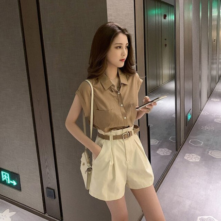 Women's Shorts Sets Design Fashion Elegant Thin Loose Fashion Sleeveless French Shirts Wide Leg Shorts 2 Piece Set