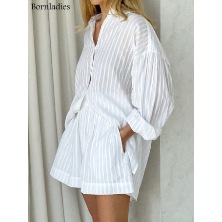 Bornladies Casual Shorts Sets Striped Jacquard 2 Pieces Cozy Lapel Lantern Sleeve Shirt Summer Outfit Elastic Waist Shorts Suits