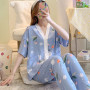 Women Cotton silk pajamas thin short-sleeved trousers suit cardigan V-neck