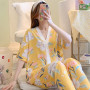 Women Cotton silk pajamas thin short-sleeved trousers suit cardigan V-neck