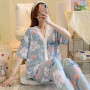 Women Cotton silk pajamas thin short-sleeved trousers suit cardigan V-neck