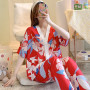 Women Cotton silk pajamas thin short-sleeved trousers suit cardigan V-neck