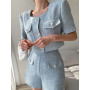 Women Vintage Tweed Matching Sets Short Sleeve Single-breasted Crop Top Shots Two Piece Set Thin Woolen Jacket Short Pants