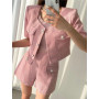 Women Vintage Tweed Matching Sets Short Sleeve Single-breasted Crop Top Shots Two Piece Set Thin Woolen Jacket Short Pants