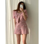 Women Vintage Tweed Matching Sets Short Sleeve Single-breasted Crop Top Shots Two Piece Set Thin Woolen Jacket Short Pants