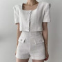 Women Temperament Suit Simple Square Collar Short Jacket High Waist Fake Pocket Casual Shorts Two Piece Set