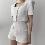 Women Temperament Suit Simple Square Collar Short Jacket High Waist Fake Pocket Casual Shorts Two Piece Set