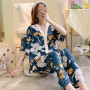 Women Cotton silk pajamas thin short-sleeved trousers suit cardigan V-neck