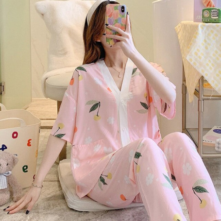 Women Cotton silk pajamas thin short-sleeved trousers suit cardigan V-neck