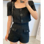 Women Temperament Suit Simple Square Collar Short Jacket High Waist Fake Pocket Casual Shorts Two Piece Set