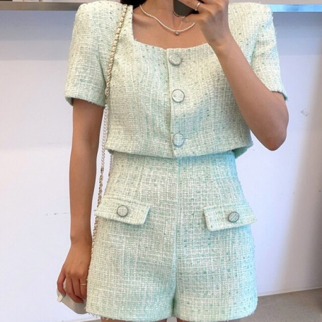 Women Temperament Suit Simple Square Collar Short Jacket High Waist Fake Pocket Casual Shorts Two Piece Set