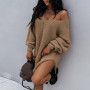 Women Sexy V Neck Off Shoulder Sweaters Fashion Long Sleeve Mini Pullover Tops Casual Loose Twist Knitted Sweater