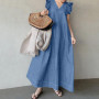 Women Casual Denim Dress Solid Color Short Flying Sleeve V-Neck A-LINE Loose Waist Ankle-Length Beach Style Dresses