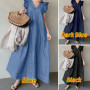Women Casual Denim Dress Solid Color Short Flying Sleeve V-Neck A-LINE Loose Waist Ankle-Length Beach Style Dresses