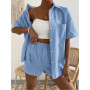 Women Cotton Linen Two Piece Set Casual Shirt Top Vacation Shorts Set Outfits