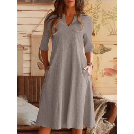 Women Short Sleeve Dress A-LINE O-Neck Loose Waist Pocket Mid-calf Casual Loose Plus Size 5XL
