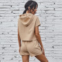 Women New Solid Color Hooded Sweater Short-Sleeved Shorts Suit Two-Piece Casual Commuter