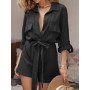 Women's Solid Color Casual Shirt Cotton-linen Rompers Jumpsuit Overalls